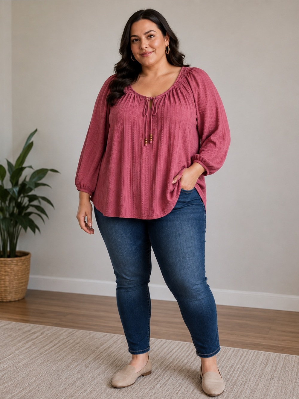 Women's Gathered Peasant Top - Rose